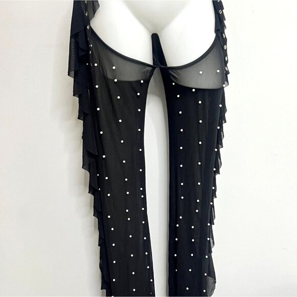 Sexy Black Sheer Mesh Pearl Embellished Two-Piece Set Ruffle Chaps Women Size XL - Picture 10 of 16